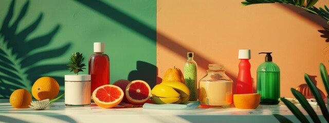 Colorful citrus fruits arranged on blue background