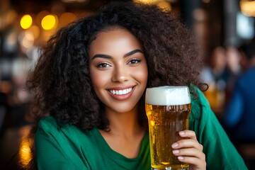 Wall Mural - Happy young African woman with curly hair in green shirt enjoying a large beer mug at an outdoor pub during Oktoberfest, with festive decorations in the background.