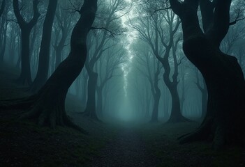 Poster - A surreal forest clearing at twilight with towering trees