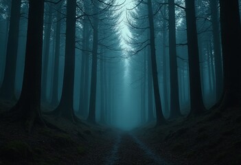 Poster - A surreal forest clearing at twilight with towering trees