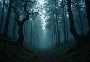 Poster - A surreal forest clearing at twilight with towering trees