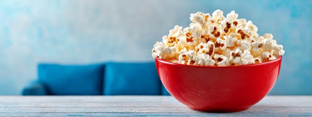 Wall Mural -  A red bowl brimming with popcorn rests atop a weathered wooden table Behind it, a blue couch is visible in the background