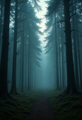 Poster - A surreal forest clearing at twilight with towering trees