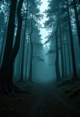 Poster - A surreal forest clearing at twilight with towering trees