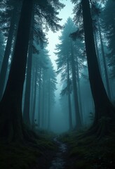 Poster - A surreal forest clearing at twilight with towering trees