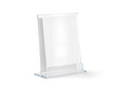 © Stock Archive - Blank flyer mockup glass plastic transparent holder isolated, 3d rendering. Plain flier stand in plexiglass tray. Clear brochure holding in acrylic pocket. Empty booklet mock up design presentation