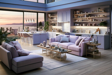 Wall Mural - Modern open-concept kitchen and living room in soft lavender hues, featuring minimalistic design, large windows with a scenic view, and cozy seating.