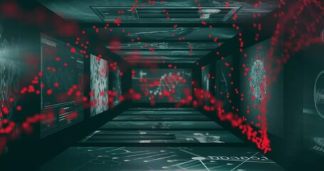 Poster - Red particles and scientific data processing animation over futuristic corridor