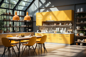 Wall Mural - Bright, modern kitchen with vibrant yellow cabinetry, large pendant lights, and a spacious dining area, illuminated by natural light from a glass ceiling.