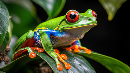 A green frog with red eyes is sitting on a leaf