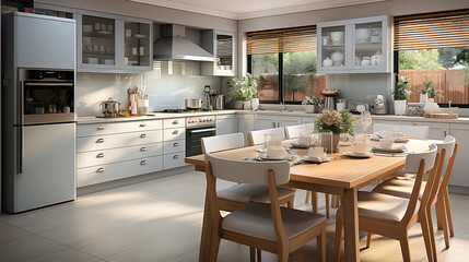 Wall Mural - A modern white kitchen featuring sleek cabinetry and stainless steel appliances.