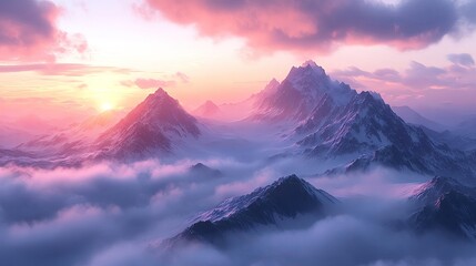 A breathtaking mountain landscape at sunset, showcasing vibrant colors and mystical clouds enveloping towering peaks.