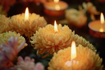 Wall Mural - Yellow chrysanthemum flowers with burning candles inside creating a romantic atmosphere