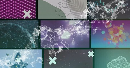 Poster - Digital network connections and data processing over various abstract animations