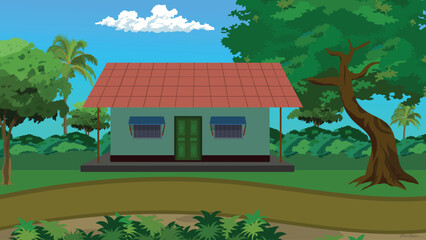 Wall Mural - Village road cartoon images,Village house beside road coartoon illustration 2d vector background