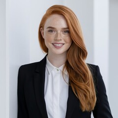 Young Caucasian woman with red hair and freckles smiling in a black suit jacket and white shirt leaning against a white wall in a bright office setting for a professional business portrait