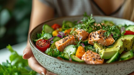 Happy Young woman eating Salted salmon salad with fresh green lettuce,smoked salmon,tomato,Ketogenic,diet lunch bowl,enjoy eat clean vegetables after exercise,Healthy food concept,sport girl.