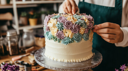 A woman is decorating a cake with flowers and icing