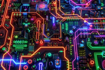 Poster - Futuristic and colorful motherboard glowing with neon lights, representing modern technology and computing power