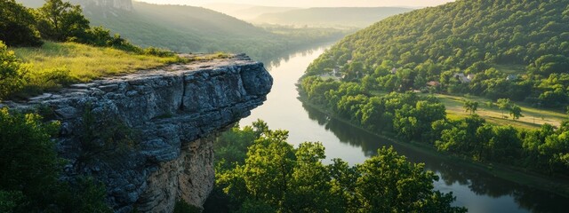 Canvas Print -  A river flows through a lush, green forest, beside two hillsidens covered in verdant trees