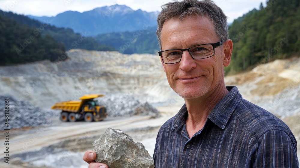 Geologist holding a rock sample and looking at the camera with a rugged ...