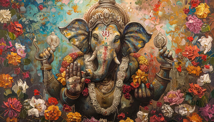 A colorful painting of an elephant with a flower garland on its head