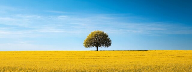  A solitary tree stands in the midst of a yellow-flowered field, against a backdrop of a blue sky adorned with wispy clouds