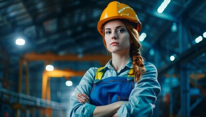 Female engineer with arms crossed, wearing a hard hat and overalls in the background of a modern factory hall.portrait woman worker