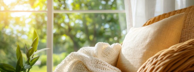 Sticker -  A tight shot of a couch adorned with a blanket and a potted plant, situated before a sunlit window with sunlight beaming inside