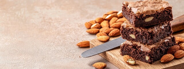 Sticker -  A wooden cutting board holds a stack of brownies, surrounded by almonds and a nearby knife