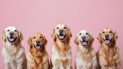 Charming Group Photo of Various Types of Golden Retrievers Sitting Happily Together on Soft Pink Background