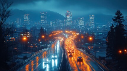 Wall Mural - Night Cityscape with Rain and Traffic