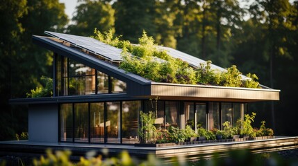 Wall Mural - Green roof on a building with plants and solar panels, Natural climate solution 