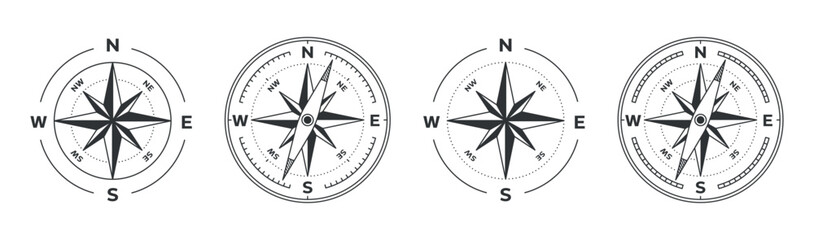 wind rose compass navigation vector illustration on white background black icon set, north, south, e