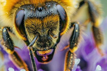 Wall Mural - Macro photography of a honey bee standing on a purple flower, showing its furry body and delicate wings