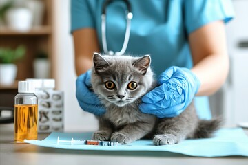 A veterinarian examines a cat. The concept of veterinary medicine