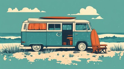 Wall Mural - stylized camping poster featuring retro camper van chair and surfboard