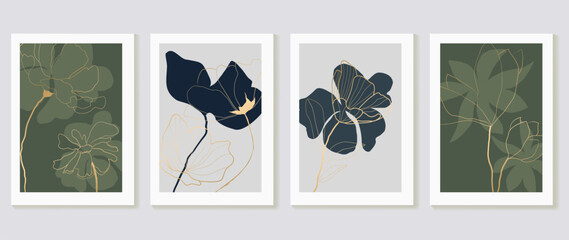 Wall Mural - abstract floral wall art vector. collection of hand drawn flower with navy blue and green color, lea