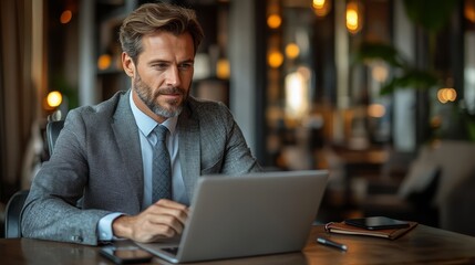 Wall Mural - Professional businessman sitting at a desk with a laptop and smartphone, focused on work