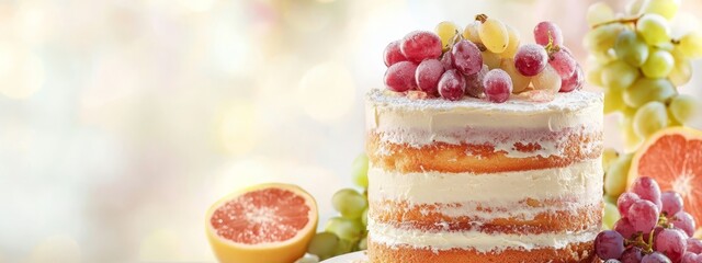 Wall Mural -  A tight shot of a cake on a plate, surrounded by grapefruits in the background