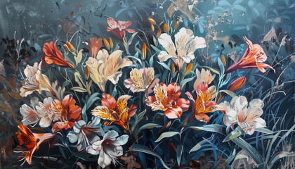 Wall Mural - A painting of a field of flowers with a blue sky in the background