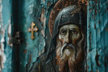 Antique religious icon depicting a saint with a weathered face and soulful eyes, set against a backdrop of timeworn blue paint