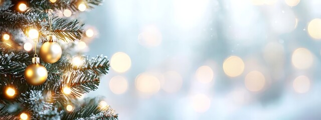 Sticker -  A crisp close-up of a Christmas tree, adorned with numerous twinkling lights on its branches, against a softly blurred background