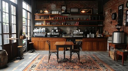 Rustic café interior featuring exposed brick walls, wooden furniture, classic coffee bar. Warm lighting vintage decor create cozy perfect for enjoying freshly brewed coffee in nostalgic setting.