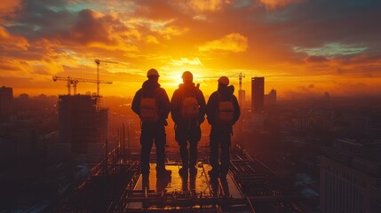 Wall Mural - Silhouette of an engineer and worker discussing plans at a construction site during sunset, with cranes in the background