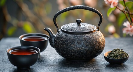 Sticker - Elegant black teapot surrounded by flowers and tea cups on a dark surface in a serene setting