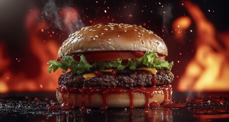 Wall Mural - Juicy hamburger with melted cheese and fresh vegetables on a grill with flames in the background