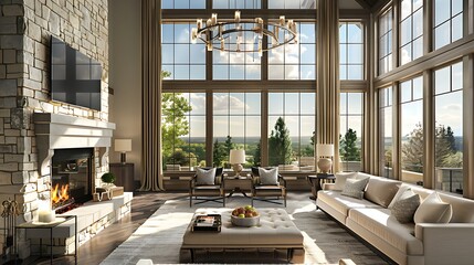 A stunning living room in a new luxury home featuring a roaring fireplace, large windows hinting at an exterior view, and elegant furnishings, captured in high-definition detail