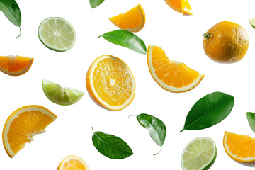 Wall Mural - Oranges and lemon lime with half slices falling or floating in the air isolated on white or transparent background