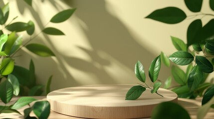 Poster - natural wood display surface surrounded by lush green leaves in a softly lit room during daytime